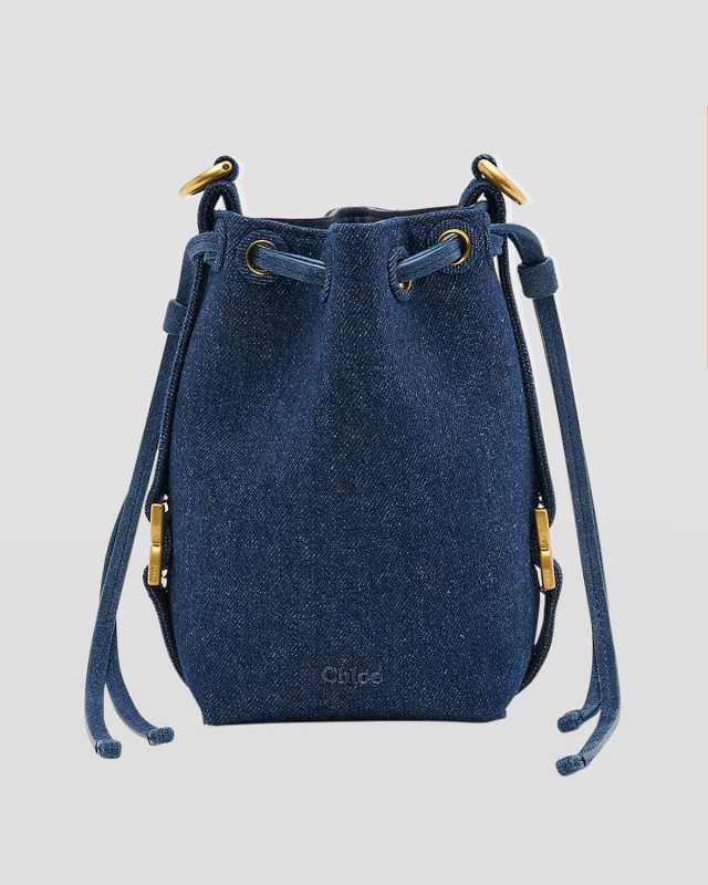 Marcie Micro Bucket Bag in Denim with Chain Strap